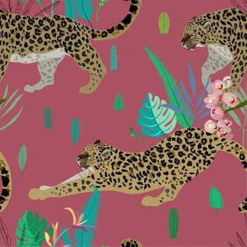 Two leopards on a red background seamless vector illustration. Picture with e Stock Illustration