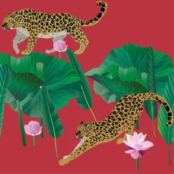 Two leopards on a red background seamless vector illustration. Picture with e Stock Illustration