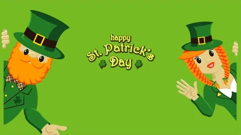 Two Leprechaun Gnomes man and woman. St Patrick's Day banner. Stock Footage 147595892