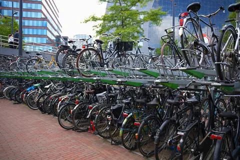 A two-level bicycle parking facility with rows of parked bicycles near a tr.. Stock Photos