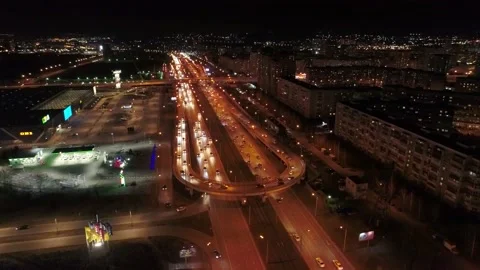 Two-level Interchange on Pobedy Avenue in Kazan. Night City. Air View.  Stock Footage 151387206