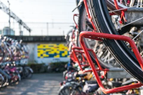 Two-level parking of bicycles in Eindhoven city, Netherlands. Stock Photos