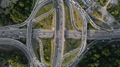 Two-level transport interchange in a big city. 4k top view Stock Footage 126910378