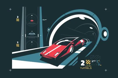 Two levels cars tunnel with map of traffic Stock Illustration