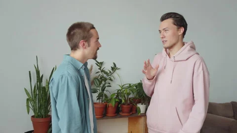 Two lgbt men are standing together in the living room and talking to each other Stock Footage 173811247