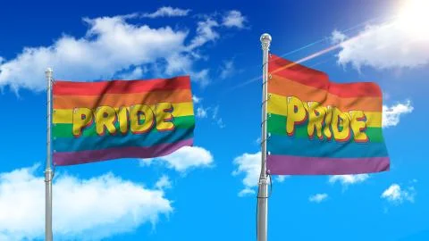 Two LGBT pride flags on blue sky background. Love and equality symbol Stock-Illustration