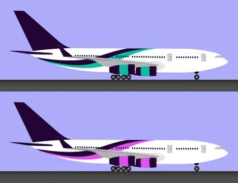 Two light big passenger airplanes standing on ground in profile, isolated, se Stock Illustration
