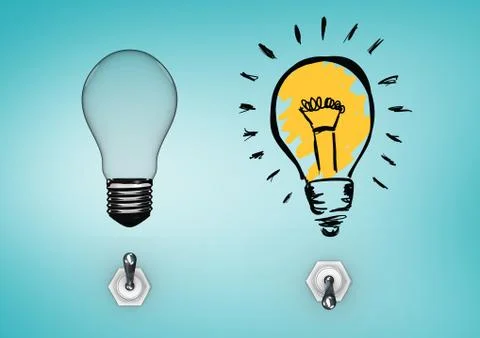 Two light blubs with switch off and on buttons against blue background Stock Illustration