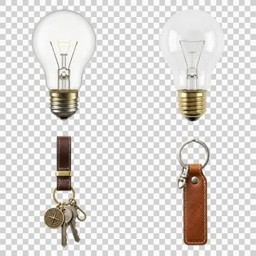 Two light bulbs and two keychains, one with keys and a compass, on transpar.. Stock Photos