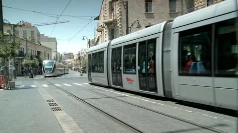 Two Light rail Trains of City of Jrusalem Stock Footage 19850286