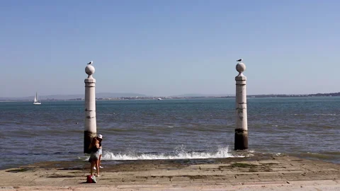 The two lighthouse small in front of Praca do Commercio in Lisbon, Portugal Stock Footage 138036782