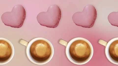 Two lines with cups americano and pink macaroon heart shaped.Romantic concept. Stock Footage 168334834