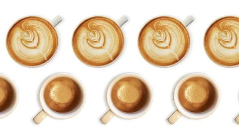 Two lines with many coffee mugs animated in different direction.Breakfast Stock Footage 168328214