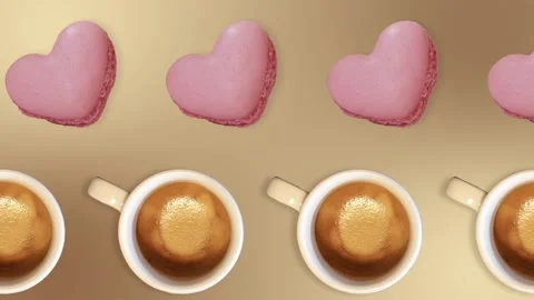 Two lines with many cups americano and pink macaroon heart shaped Video stock 168334940