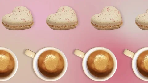 Two lines with many cups americano and macaroon heart shaped.Romantic concept. Stock Footage 168335315