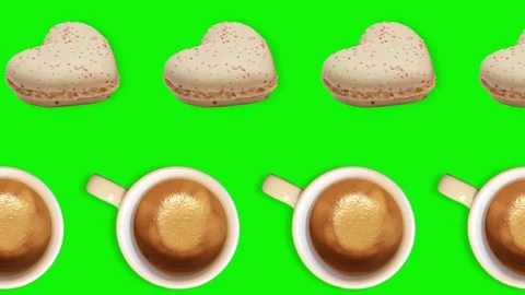 Two lines with many cups americano and macaroon heart shaped.Romantic concept. Stock Footage 168335332