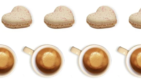 Two lines with many cups americano and macaroon heart shaped.Romantic concept. Stock Footage 168335340