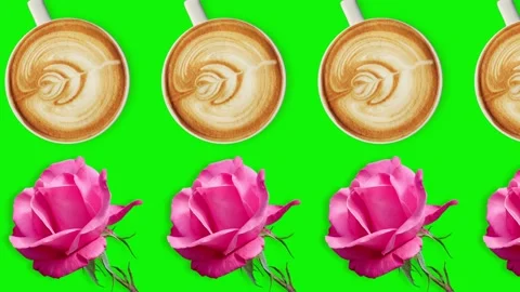 Two lines with many cups of cappuccino and pink rose animated Stock Footage 168335778