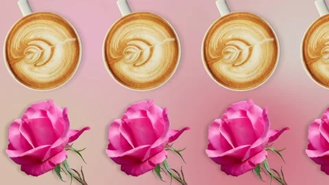 Two lines with many cups of cappuccino and rose animated.4k footage. Stock Footage 168335830