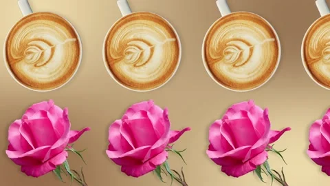 Two lines with many cups of cappuccino and pink rose animated Stock Footage 168335991