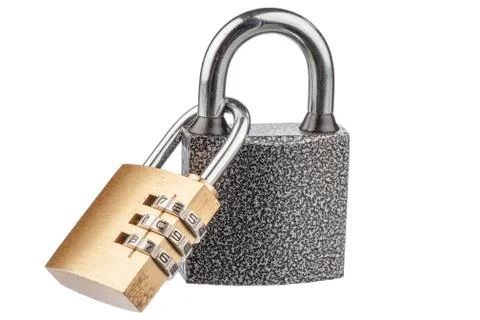 Two linked padlocks with reflections on a white background Stock Photos