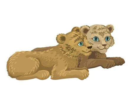 Two lion cubs lie and look at each other sweetly. Wild animals on a white Stock Illustration