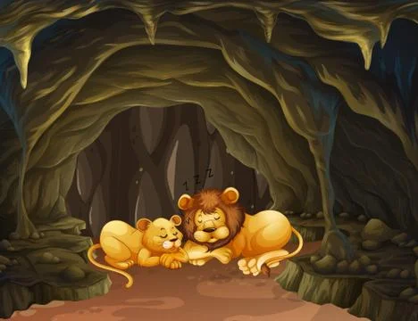 Two lions sleeping in the cave Illustrazione stock