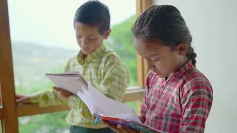 Two little adorable primary school children holding books &amp; reading in classroom Stock Footage 161813645