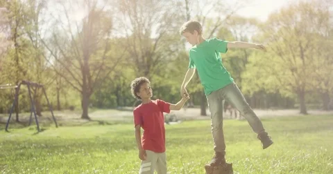 Two little boys are balancing on a tree  trunk  Stock Footage 77614072