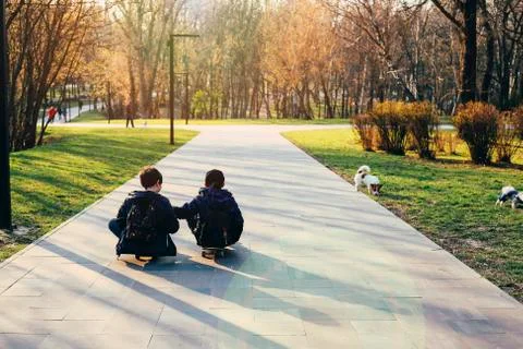 Two little boys lying on their skateboards Stock Photos