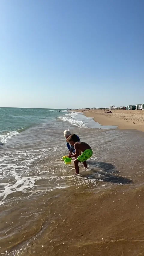 Two little boys playing on beach on summer holidays. Joyful children near sea Stock Footage 259464956