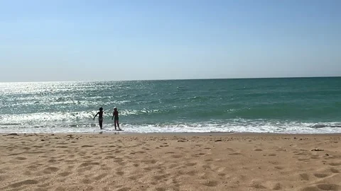 Two little boys playing on beach on summer holidays. Joyful children near sea Stock Footage 259465257