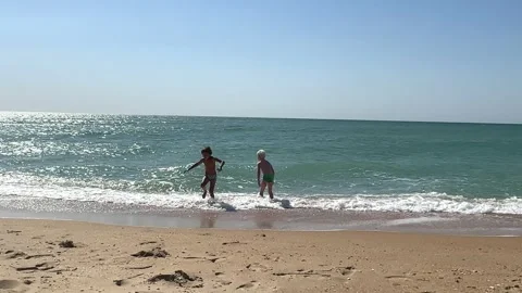 Two little boys playing on beach on summer holidays. Joyful children near sea Stock Footage 259465459