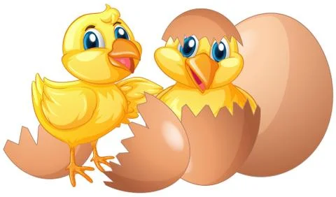 Two little chicks hatching eggs Stock Illustration