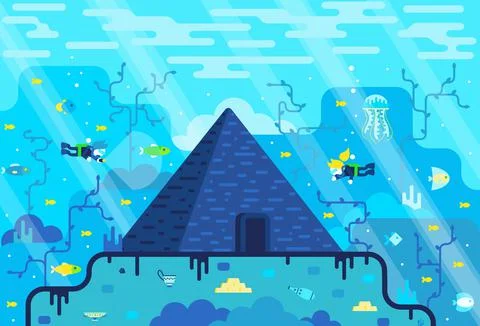 Two little divers explore the ancient stone pyramid underwater Stock Illustration