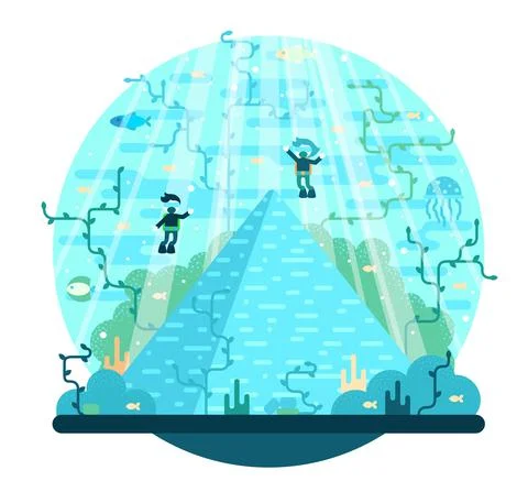 Two little divers explore the ancient stone pyramid Stock Illustration