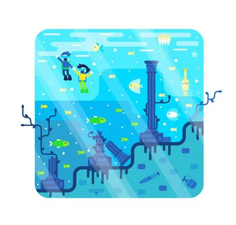 Two little divers explore the ancient ruined city in search of treasures Stock Illustration