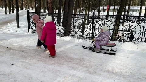 Two little sisters carrying a third sister by a rope who is sitting on a sled 库存影片 264115097