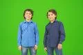 The two little twin stand on the green background Photo