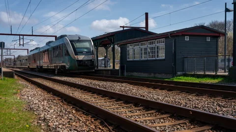 Two local trains in Bramming, Denmark Stock-Footage 343403529