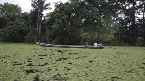 Two Locals Travelling Down A River in Amazon Rainforest Stock Footage 127845968
