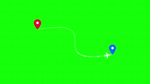 Two location point. Airplane icon flying between red and blue map pins Stock Footage 340550528