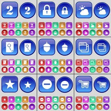 Two, Lock, Cloud, File, Acorn, Window, Star, Minus, Shopping cart. A large set o 스톡 일러스트