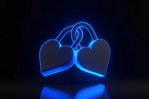 Two locked padlocks in the shape of a heart with glowing futuristic neon lights Stock Illustration