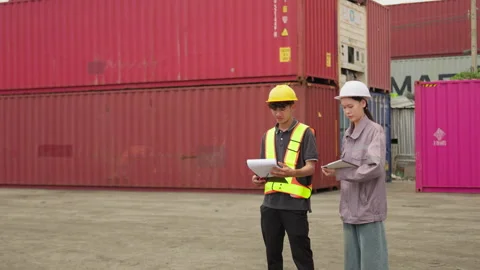 Two logistics workers inspect cargo shipments at a container terminal Stock Footage 346077810