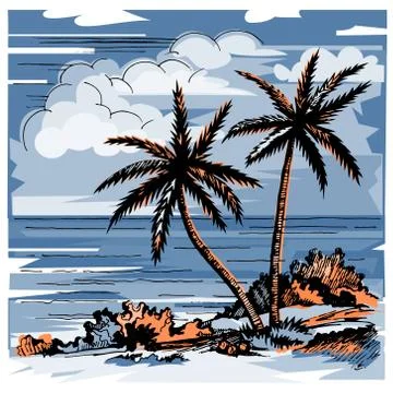 Two lonely palms and grass Stock Illustration