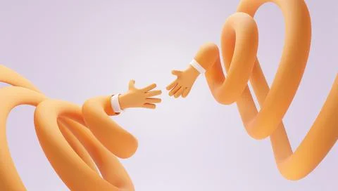 Two long cartoon hands in funny swirl reaching to each other, 3d render Illustrazione stock