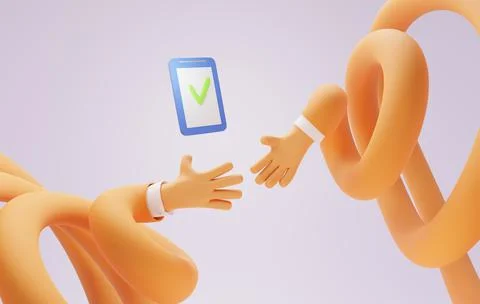 Two long cartoon hands reaching to each other for handshake, 3d render. Tick on Stock Illustration