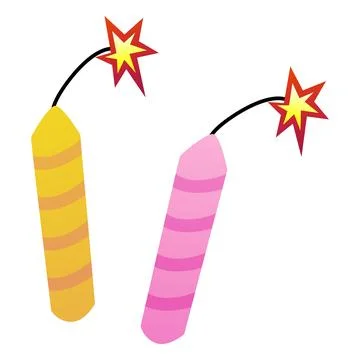 Two long striped firecrackers, yellow and pink, with a wick and flame. Stock Illustration