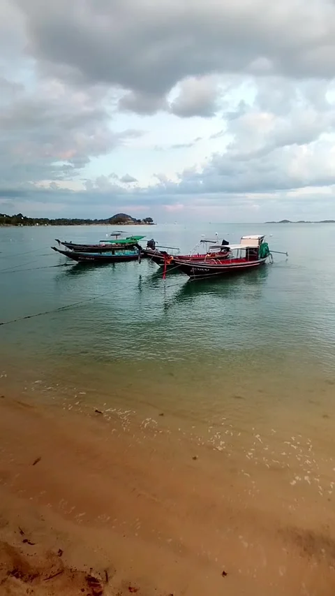 Two Longtail Boats Stranded on Beach at Low Tide Koh Samui Stock Footage 345147250